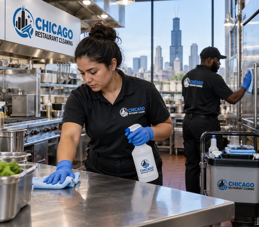 Professional restaurant cleaners sanitizing stainless prep tables and high-touch points in a commercial kitchen