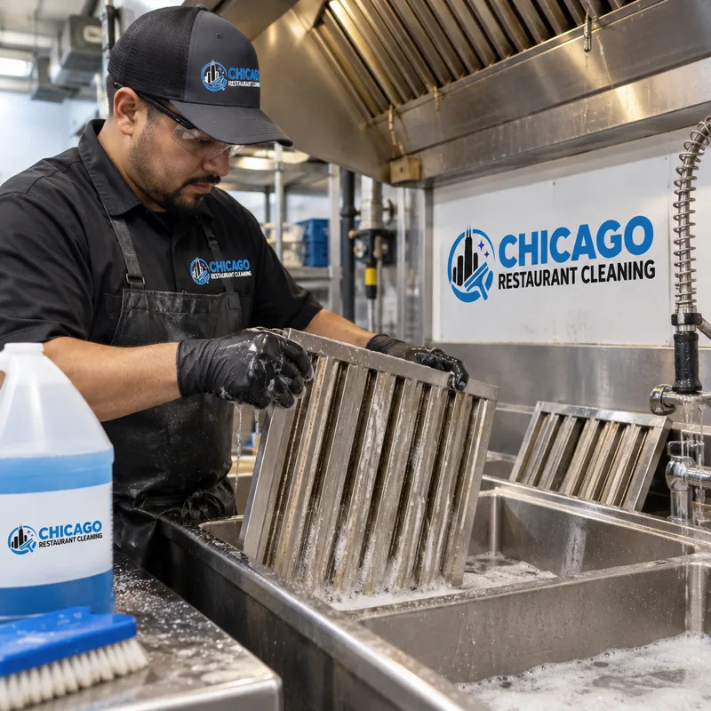 Technician removing and washing commercial hood baffle filters with drip containment, labeled degreaser, and protective equipment visible