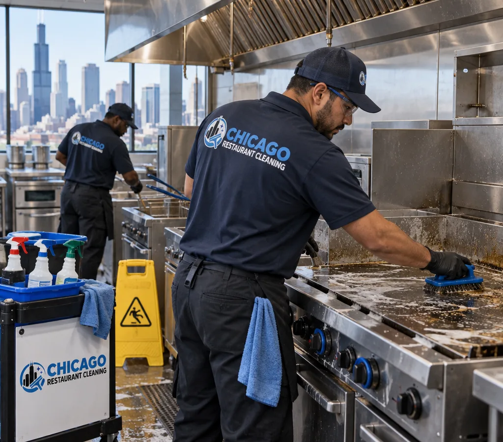 Commercial kitchen crew cleaning a stainless cook line with hood canopy, covered cooking equipment, wet floor signs, and safely staged color-coded tools