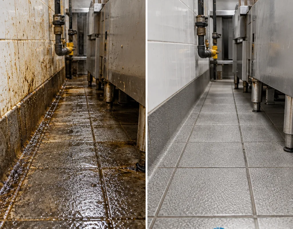 Before-and-after of a commercial kitchen floor edge and coved base behind a fryer line
