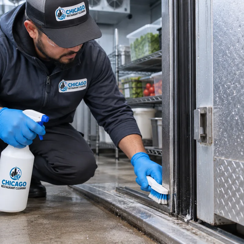 Walk-in cooler door threshold and gasket area being cleaned with food-safe products