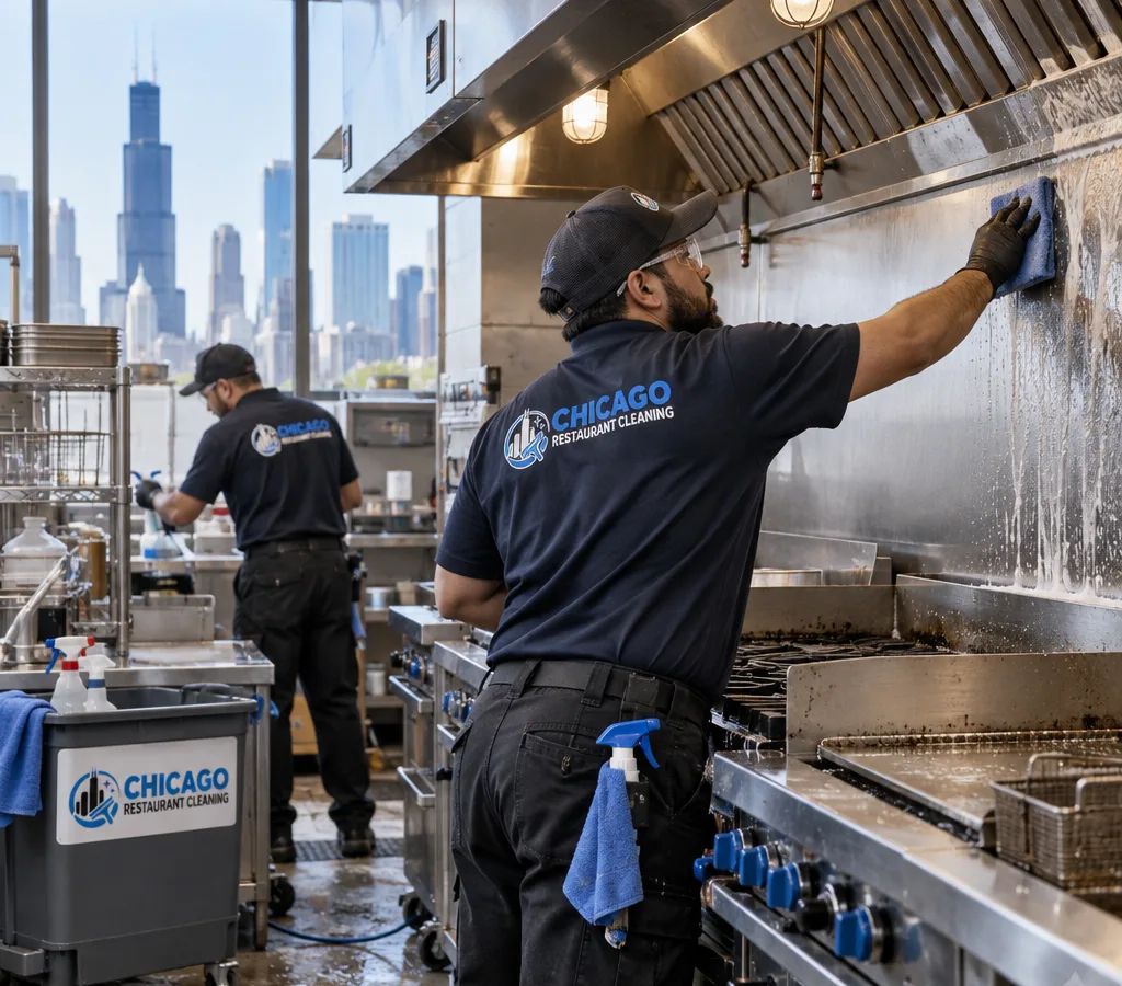 Technicians deep cleaning a commercial kitchen line, hood edge, backsplash, and adjacent walls