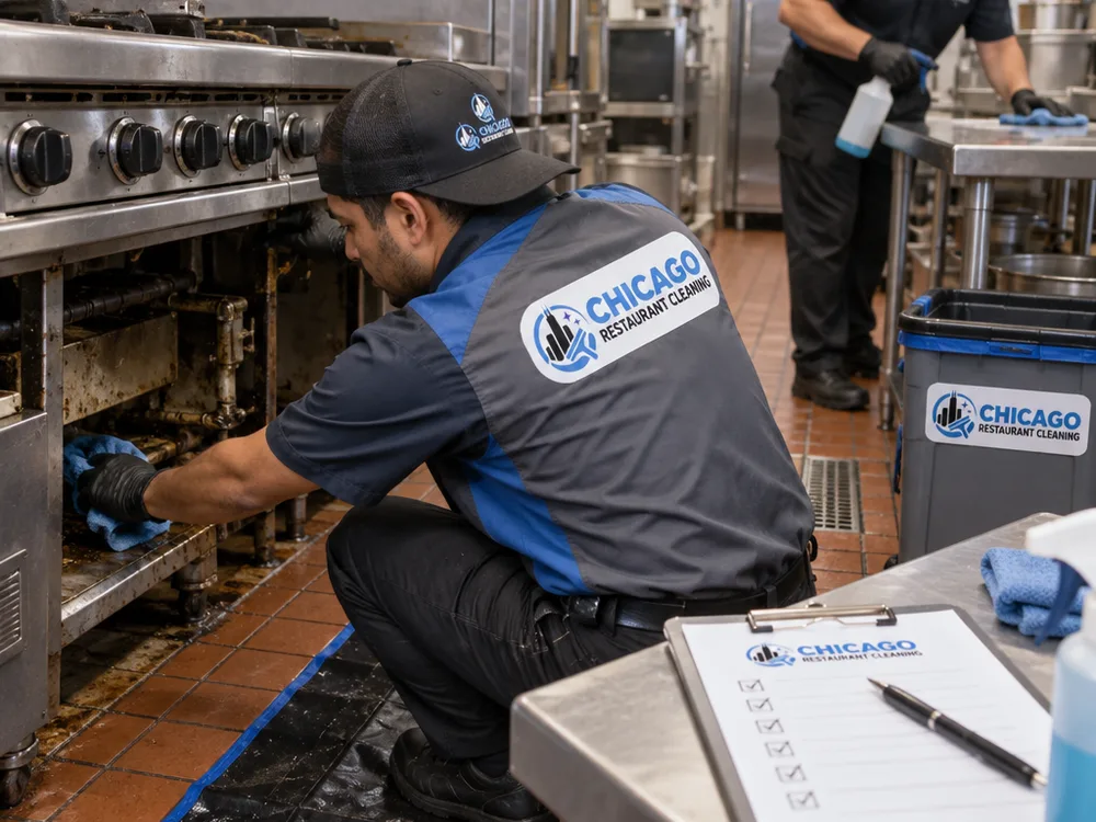 Technicians detailing behind and under commercial kitchen equipment with a visible cleaning checklist