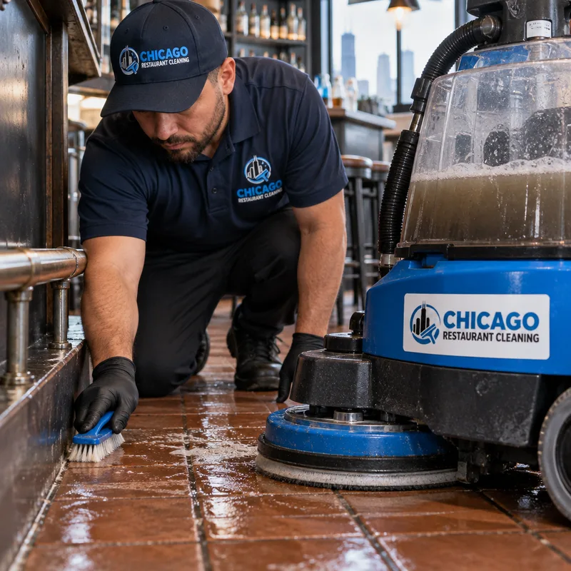 Technician deep-cleaning restaurant tile, edges, and grout lines near a bar walkway using a commercial scrubber and detail tools