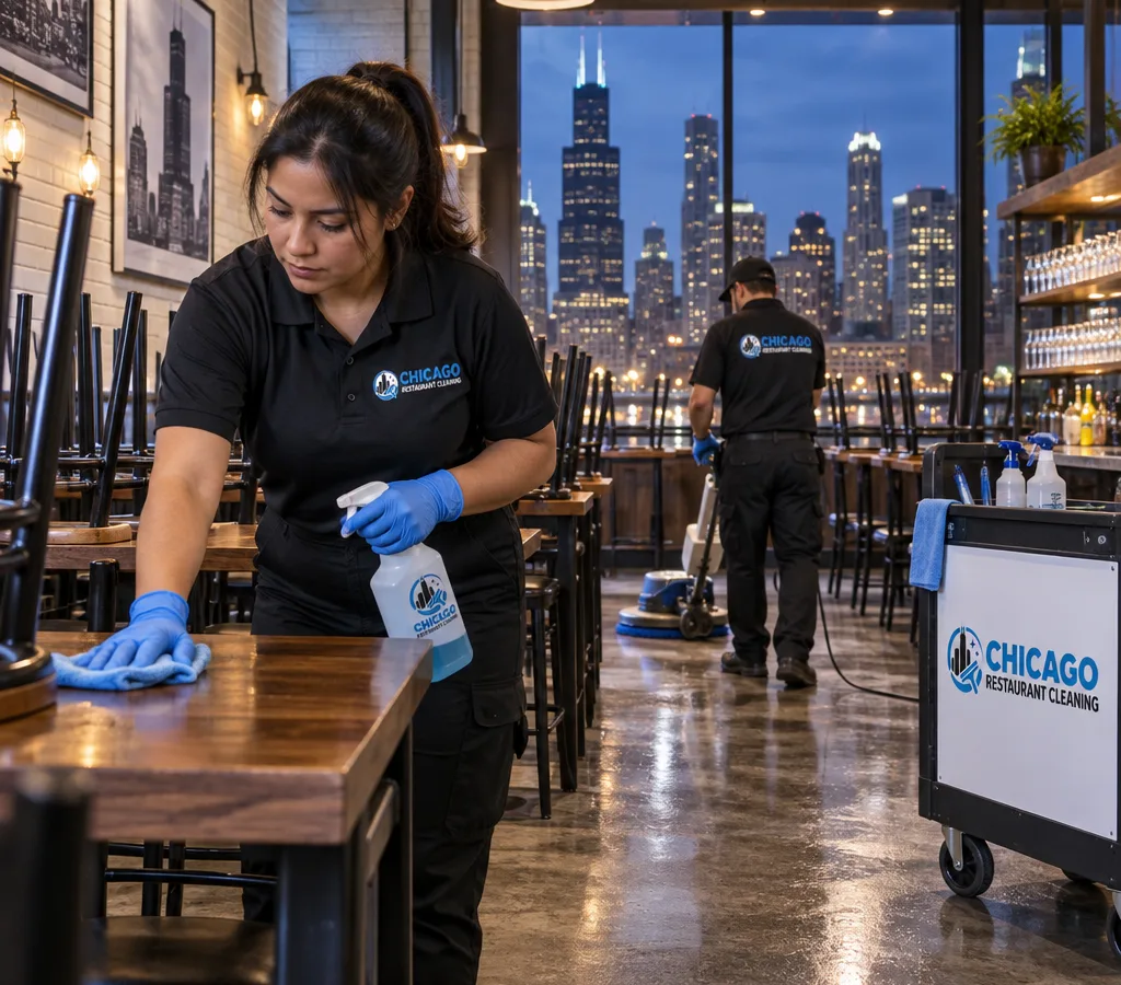 Chicago restaurant dining room being professionally cleaned after closing with tables reset, chairs raised, floors detailed, and surfaces sanitized