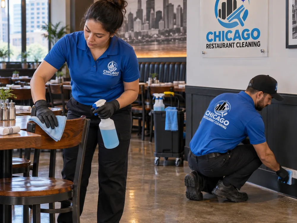 Technicians detail-cleaning restaurant chair backs, table bases, baseboards, and corners in a guest dining area