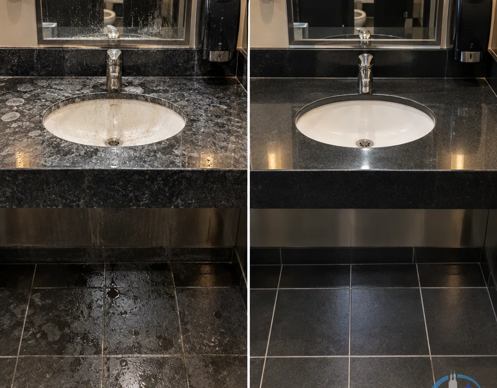 Before-and-after restaurant restroom vanity and floor showing sanitized fixtures and clean grout lines