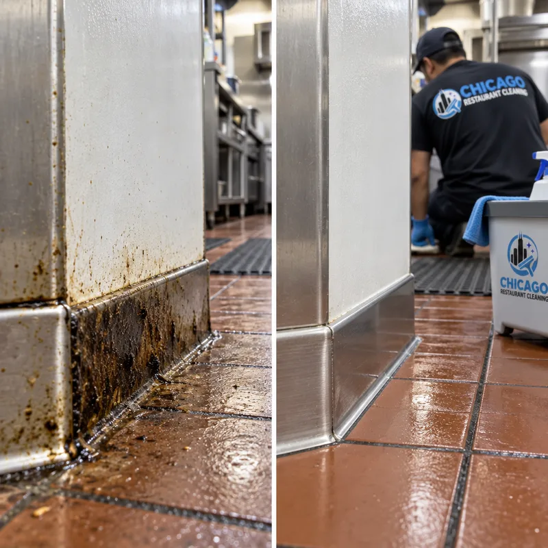 Degreased baseboards and corner edges in a restaurant kitchen walkway