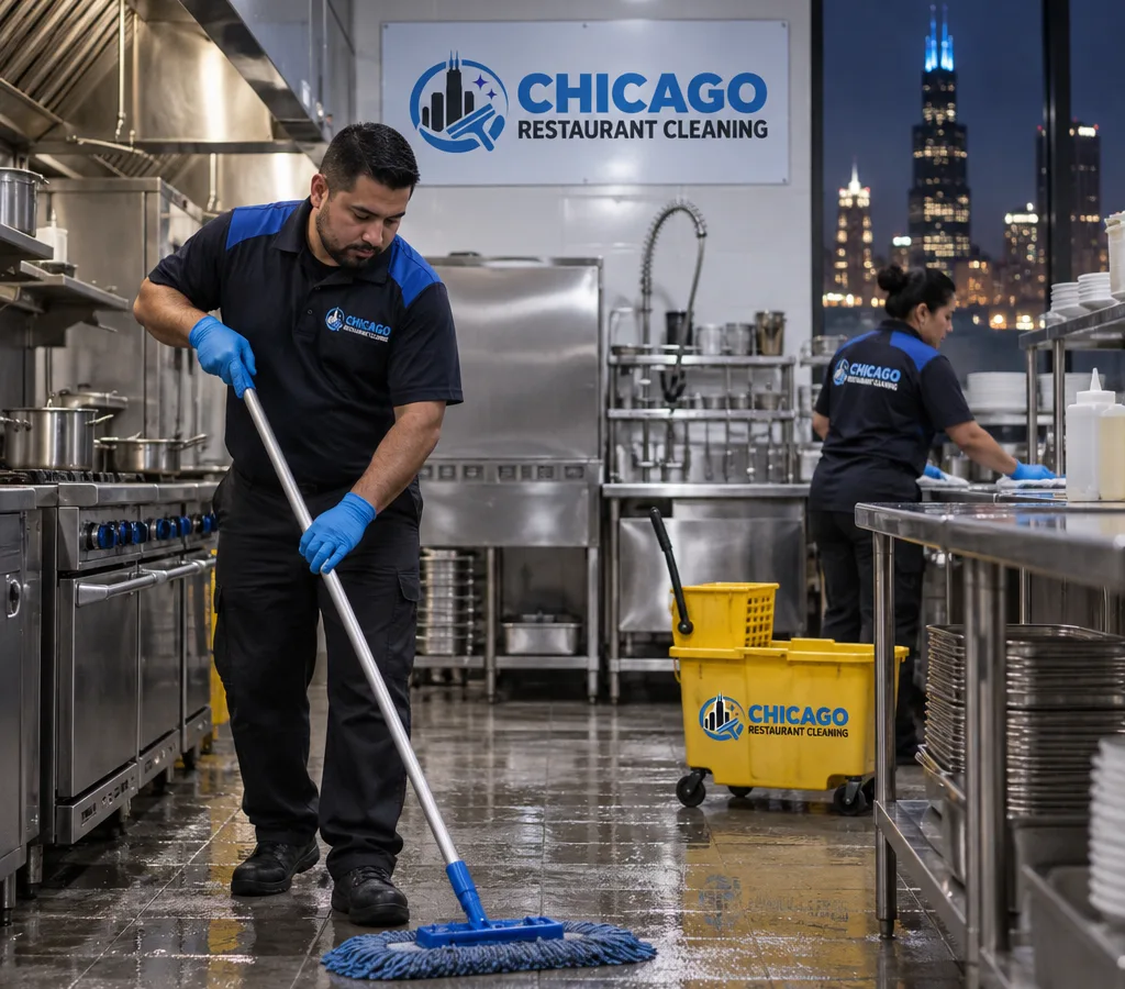 After-hours cleaning crew mopping a commercial restaurant kitchen floor with stainless prep tables and professional janitorial tools