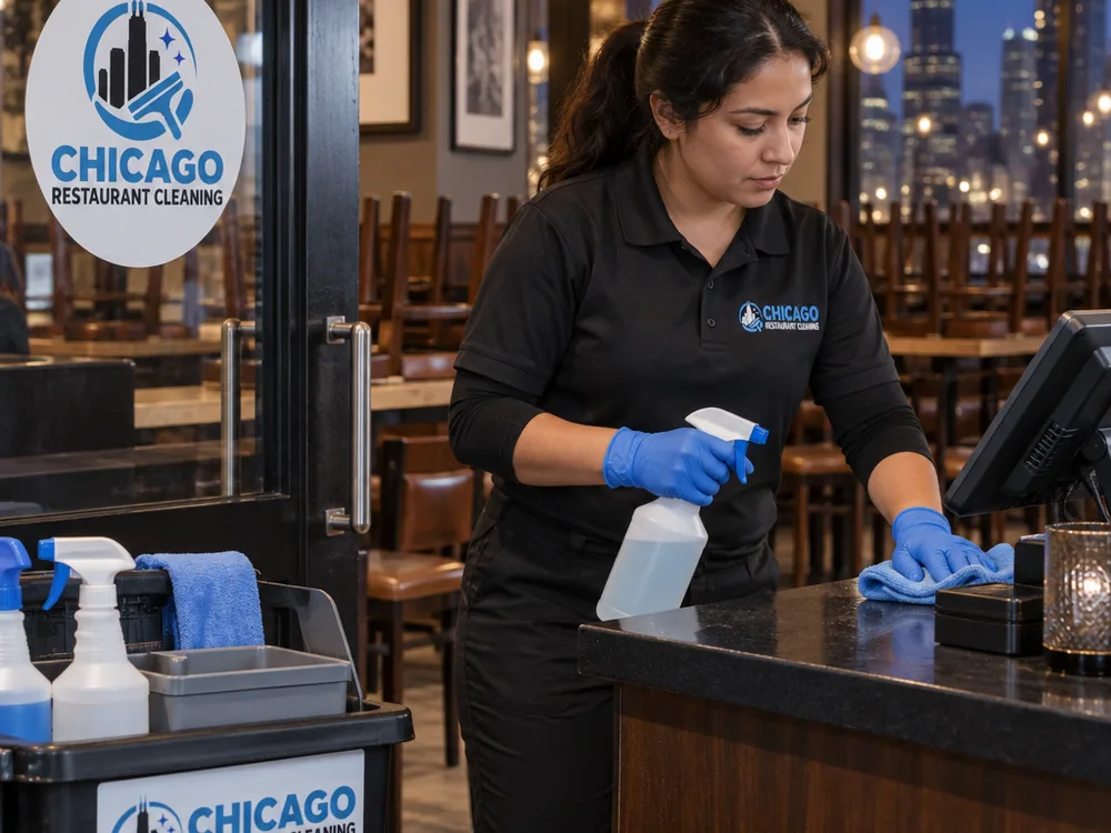 Cleaner sanitizing restaurant front-of-house door handles, host stand, and POS touch points after closing
