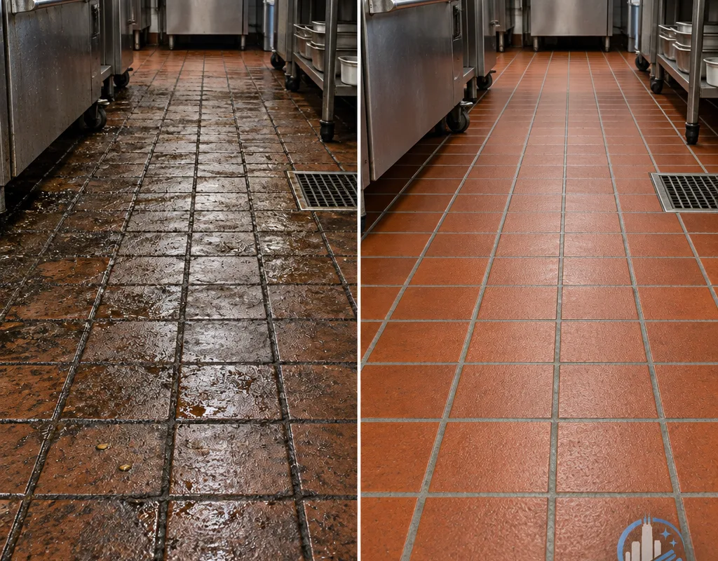 Before-and-after view of greasy quarry tile and grout beside the cleaned and extracted floor