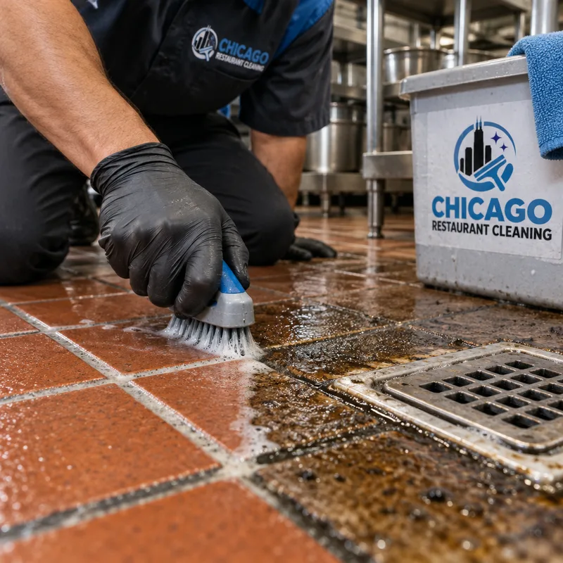 Quarry tile and grout being deep-degreased near a commercial kitchen floor drain