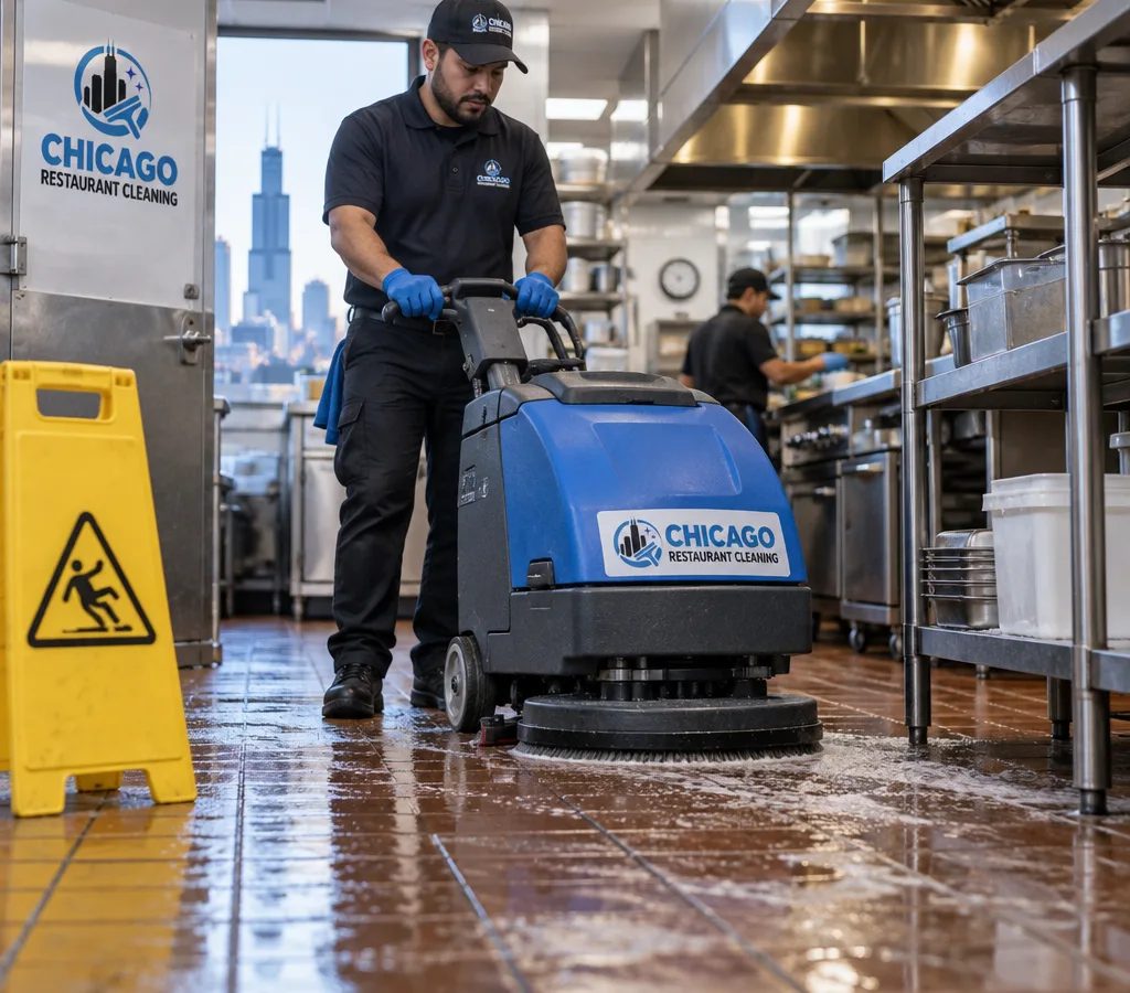 Early-morning commercial kitchen floor cleaning with an auto-scrubber, wet floor signage, and stainless prep tables