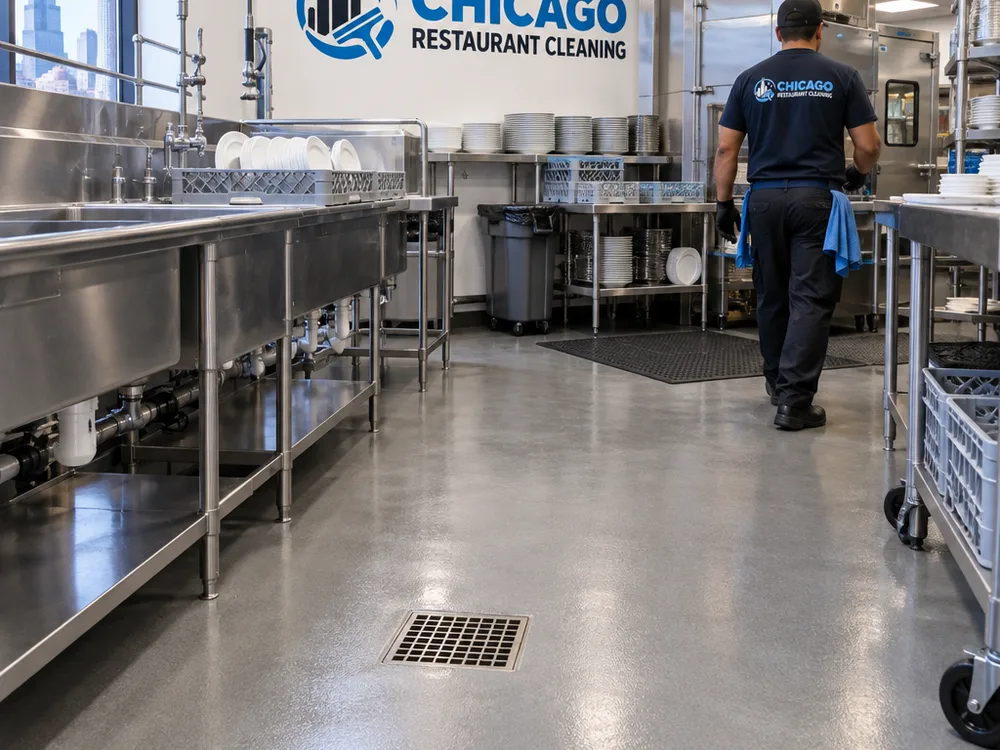 Clean restaurant dish-area floor with a dry walk path and detailed floor drain area