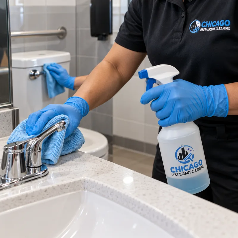 Gloved hands disinfecting restaurant restroom faucet handles and touch points with labeled disinfectant and a microfiber cloth