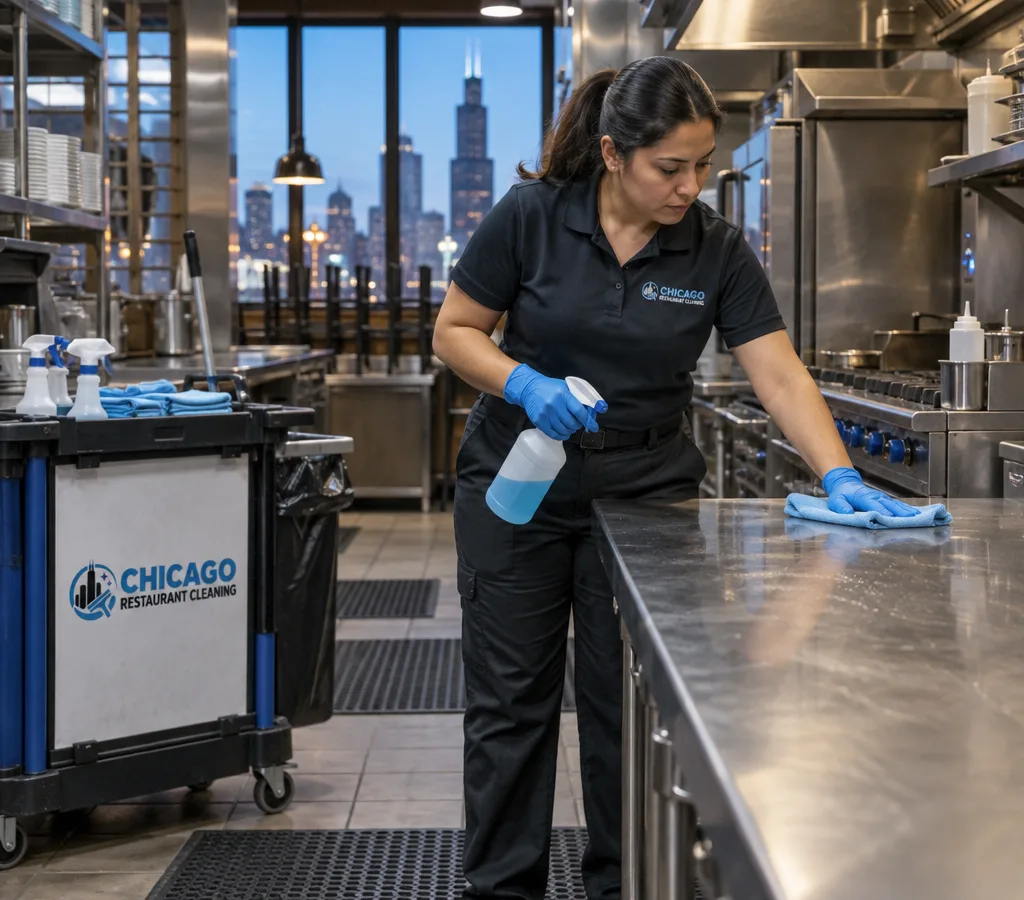 After-hours commercial cleaning technician sanitizing stainless restaurant kitchen surfaces with a cleaning cart and protective equipment visible