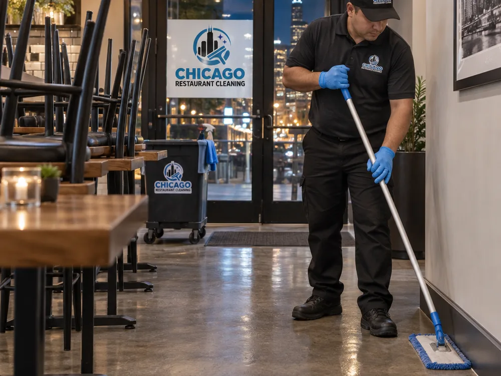 After-hours restaurant dining room cleaning focused on floor edges, baseboards, corners, and entry glass