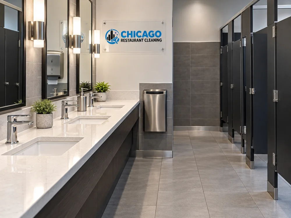 Clean restaurant restroom with polished fixtures, a streak-free mirror, and a visibly clean floor perimeter