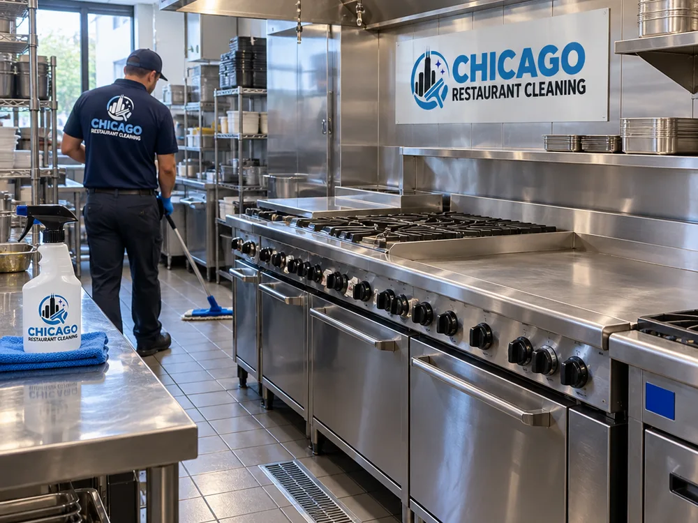 Freshly cleaned restaurant kitchen line with degreased stainless surfaces, clean floor edges, and neatly staged cleaning tools