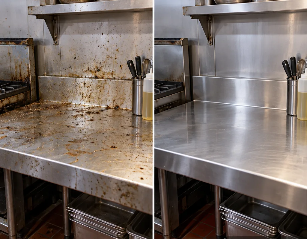 Stainless prep table and backsplash before and after detailed cleaning