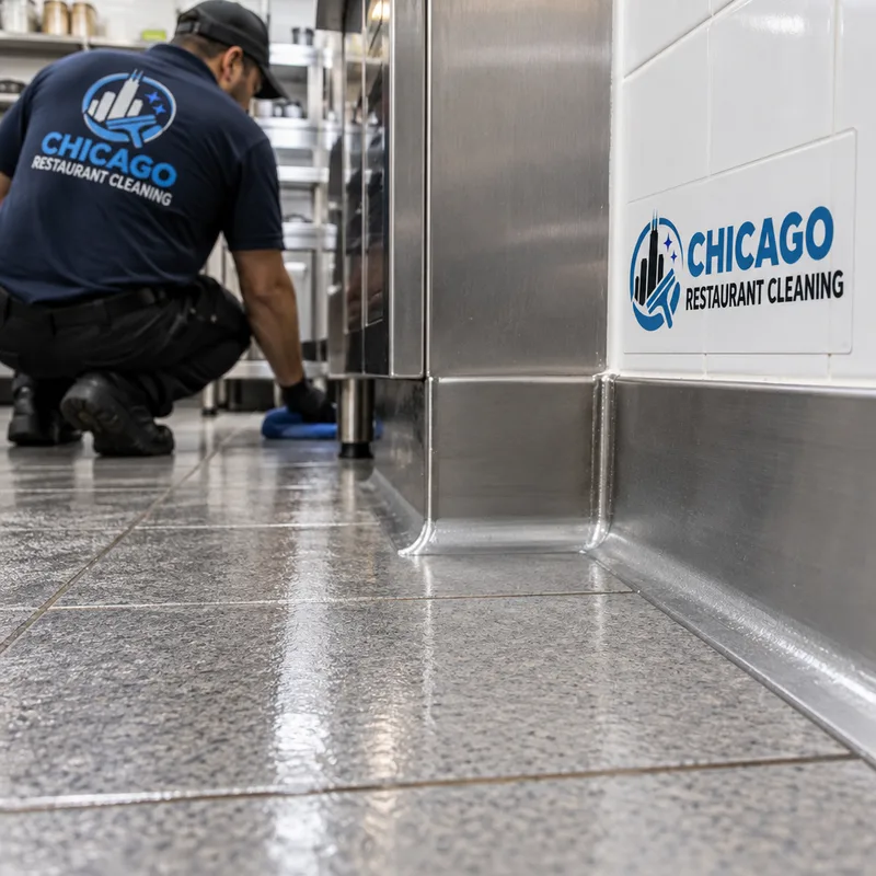 Clean commercial kitchen floor edge, coving, wall base, and corners after degreasing