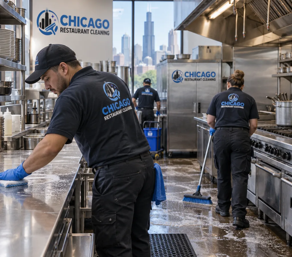Commercial restaurant kitchen line and prep area being cleaned, including stainless surfaces, hood area, and floors