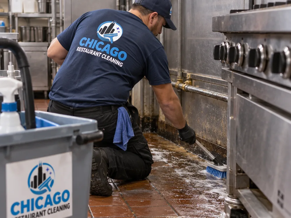 Technician cleaning behind a commercial range and degreasing the floor and wall base