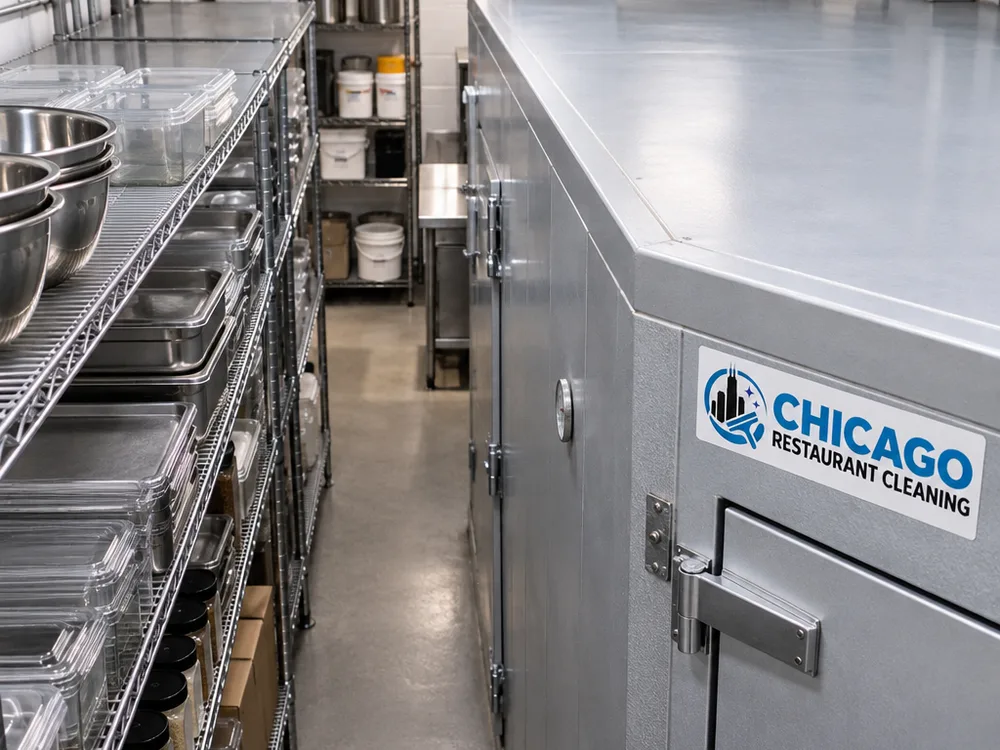 Clean shelving tops and walk-in cooler top after commercial high dusting