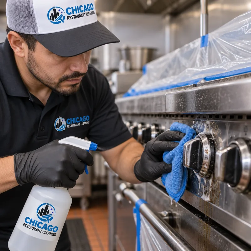 Technician cleaning greasy seams and control knobs on a commercial stainless range