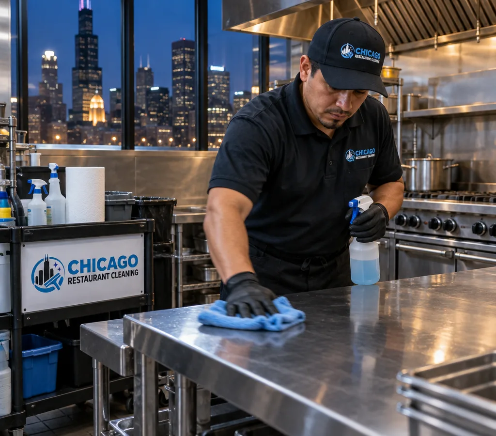 Night crew member cleaning a stainless prep table beside a commercial range and hood line