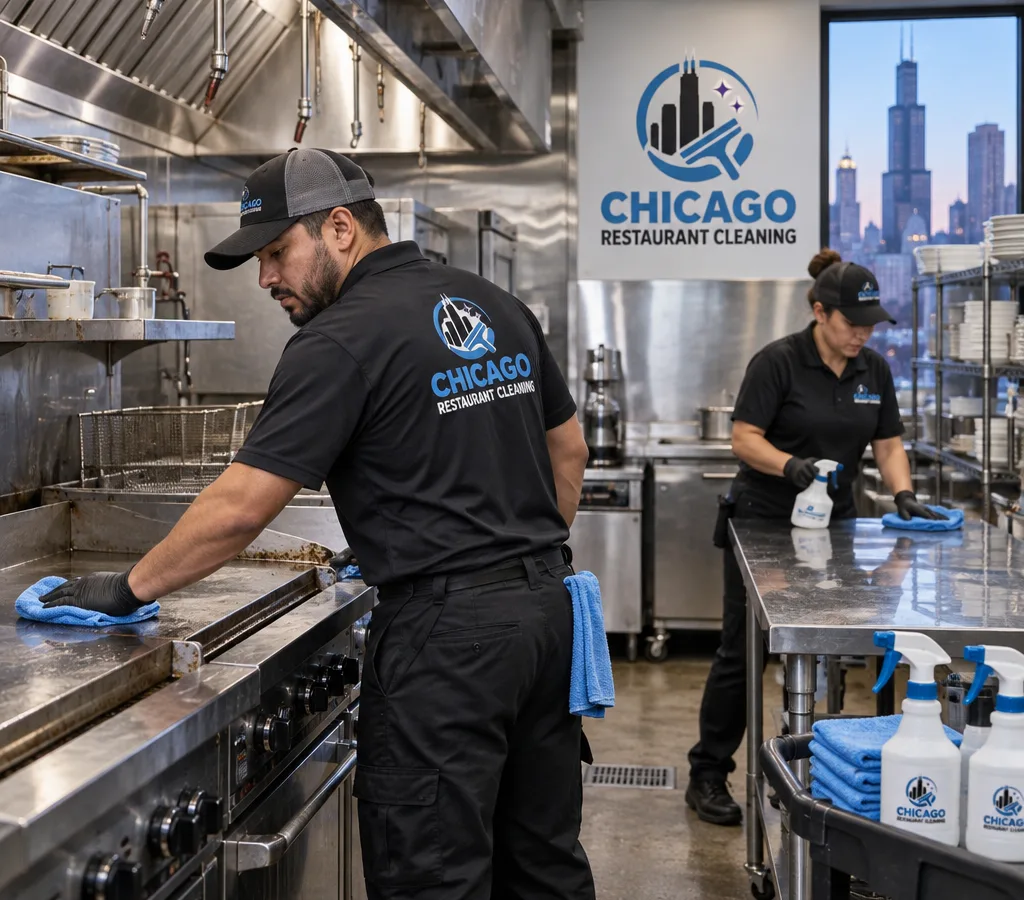 After-hours cleaning team sanitizing a commercial cookline and stainless prep tables with labeled food-safe chemicals and microfiber supplies