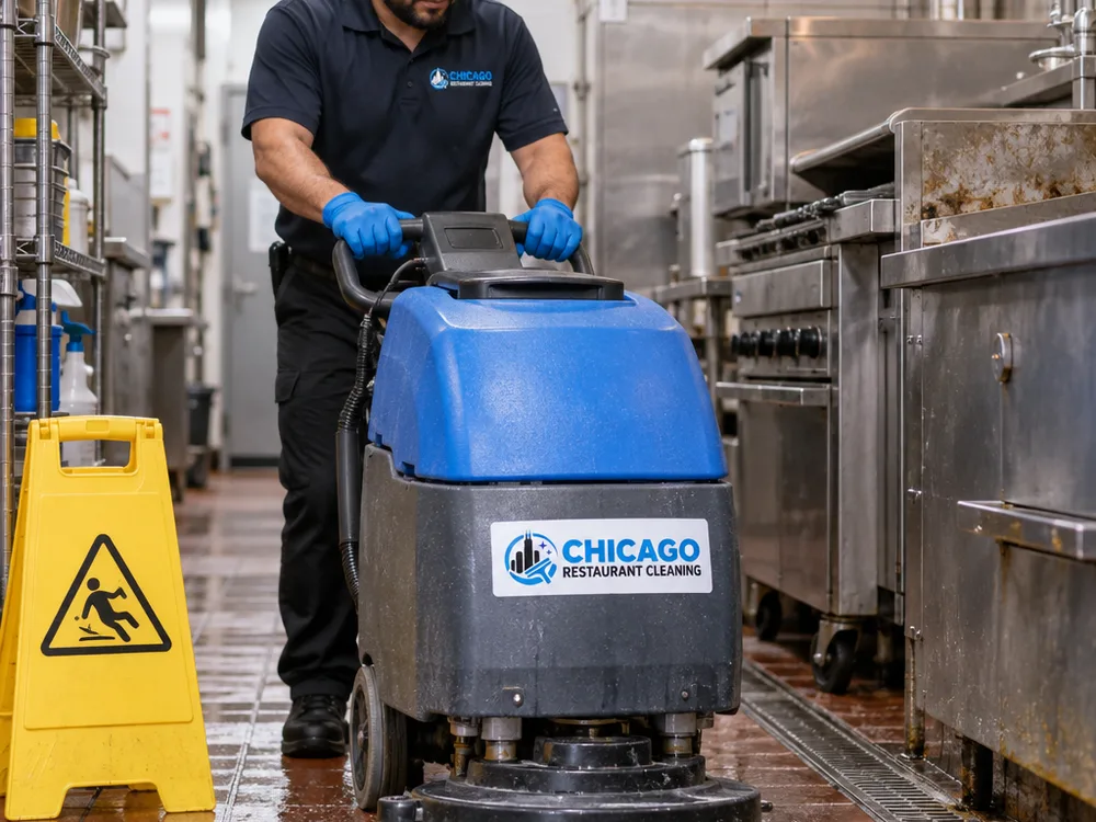 Cleaner using a commercial floor scrubber in a restaurant back-of-house corridor with wet floor signage and grease-prone baseboards