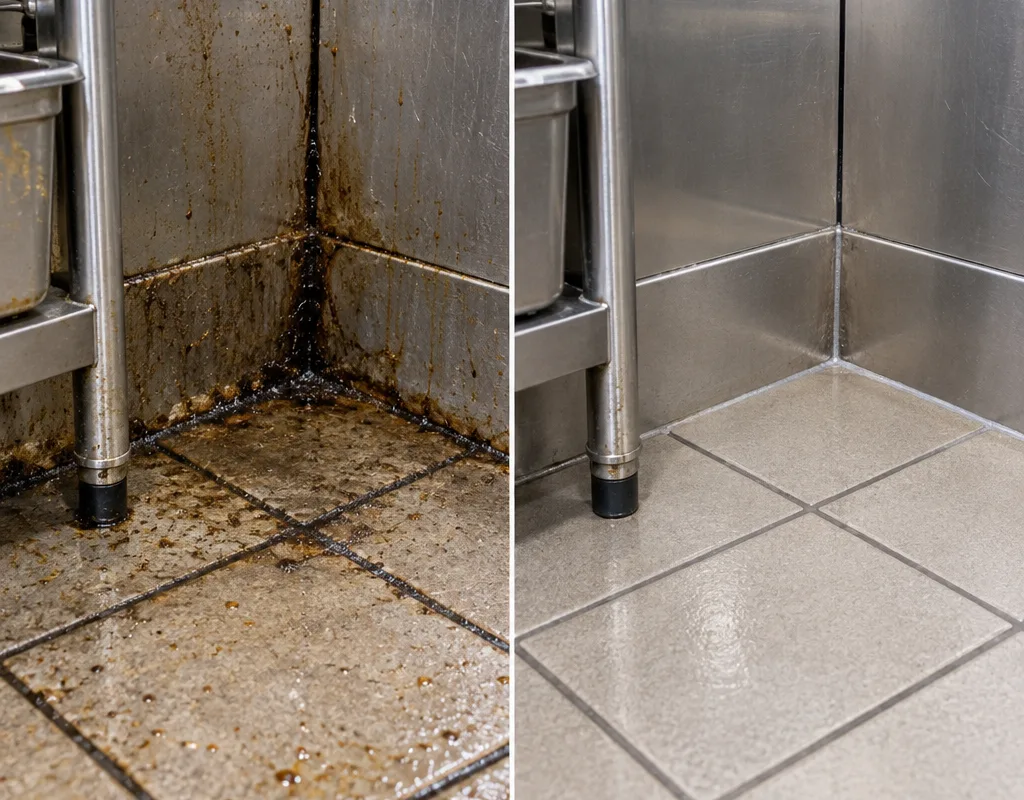 Before and after view of a commercial kitchen floor corner with grease film removed and grout lines restored