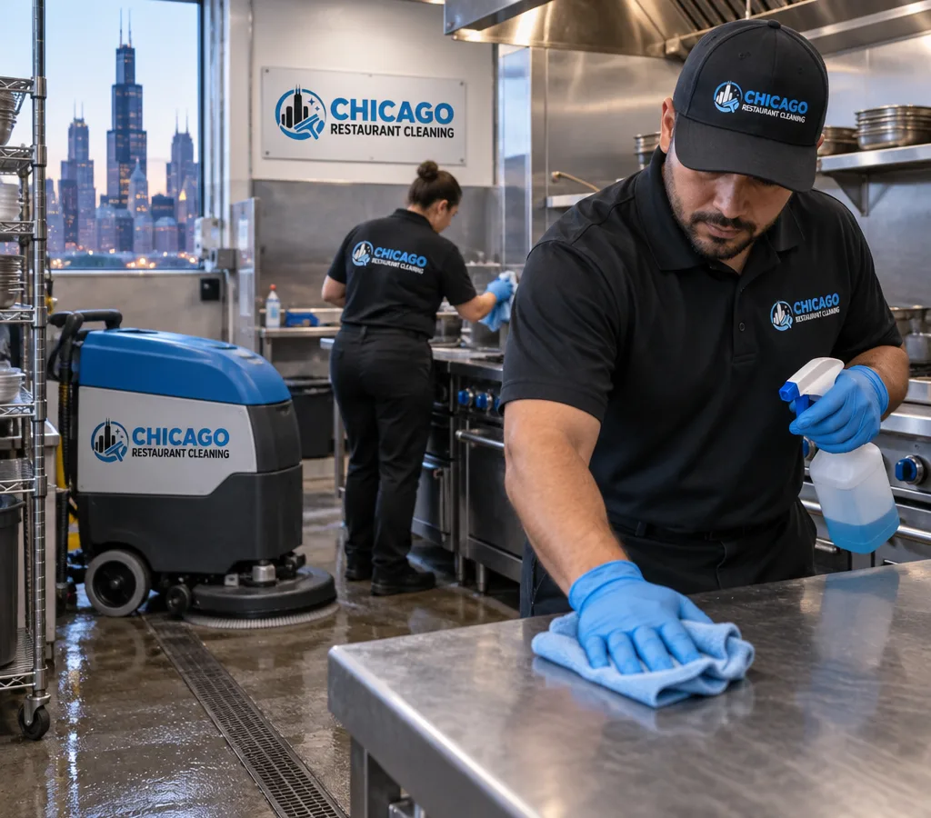 After-hours cleaning crew sanitizing stainless prep tables and a commercial cookline with a floor scrubber staged nearby