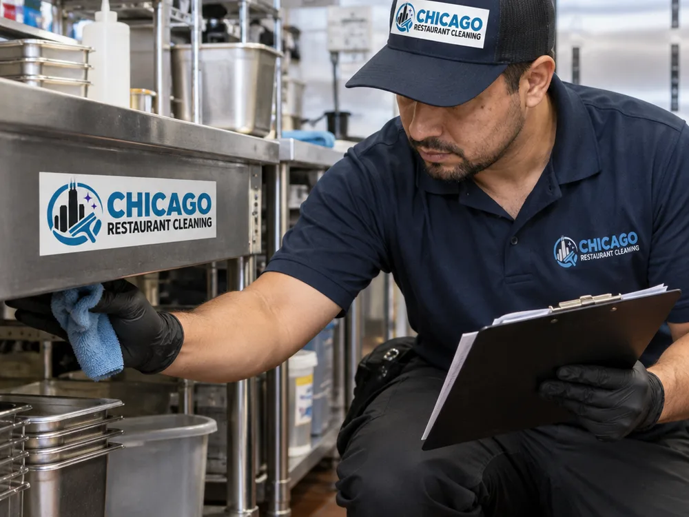 Cleaner following a zone checklist while detailing stainless prep surfaces, underside edges, and corners in a commercial kitchen