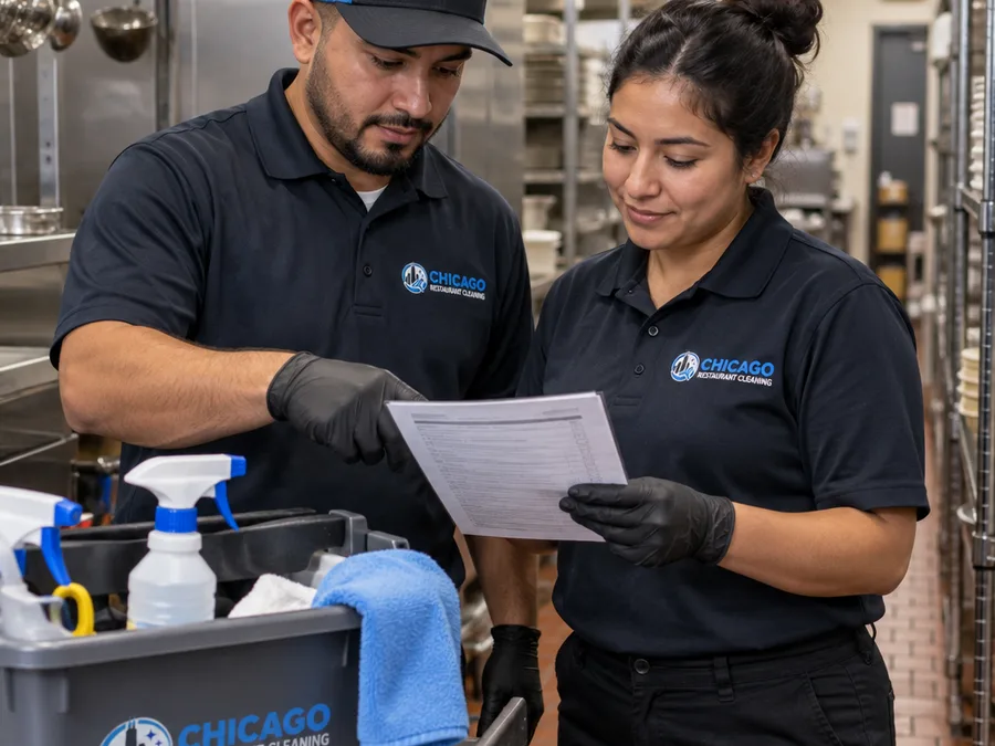 Two uniformed restaurant cleaners reviewing a printed checklist beside a supply caddy