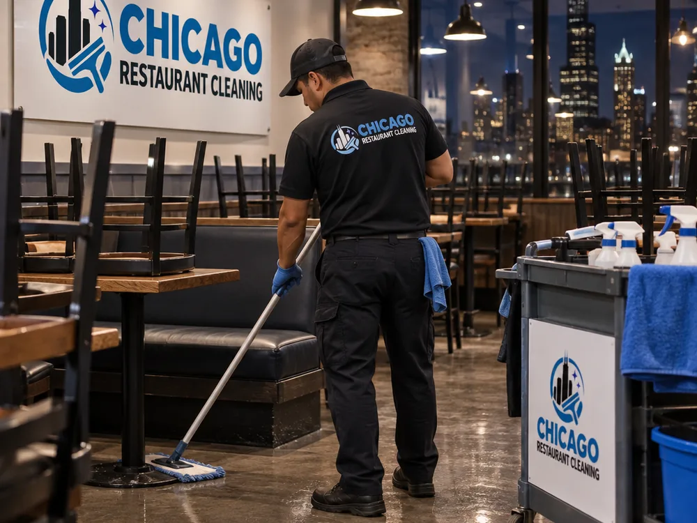 Cleaner mopping an empty restaurant dining room and detailing table bases after hours